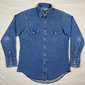 Vtg Wrangler Mens Denim Western Shirt 15.5-34 Pearl Snap 70s 80s X Long Tail C4